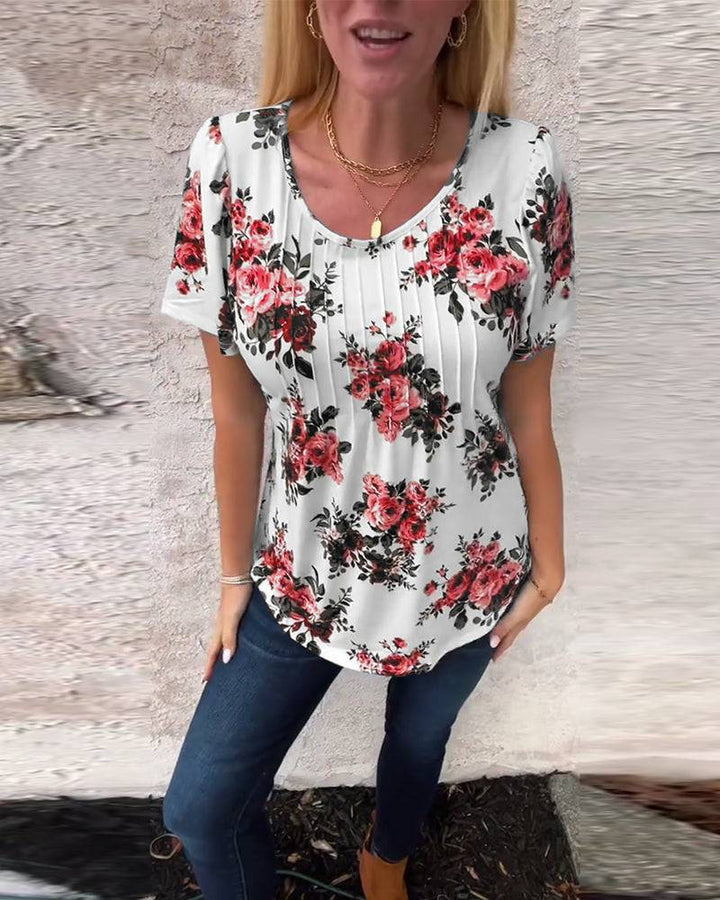 Damen nan locker geschnittenes Kurzarm-Blusenshirt mit Kellerfalten und floralem Druck Drune