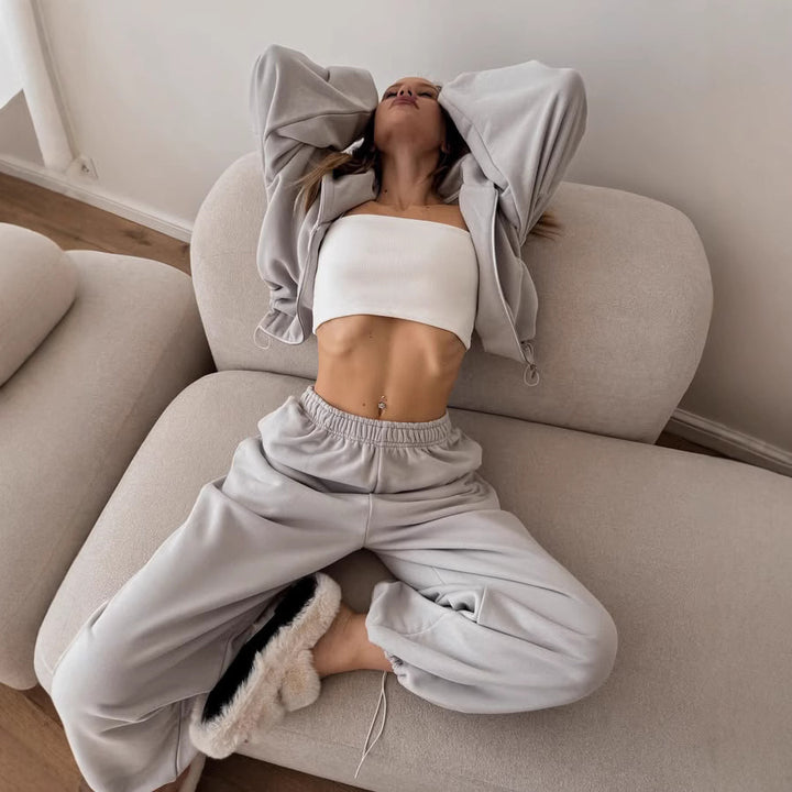 Damen oversized Kapuzenjacke mit Reißverschluss und weiten Jogginghose Lounge-Set Drune