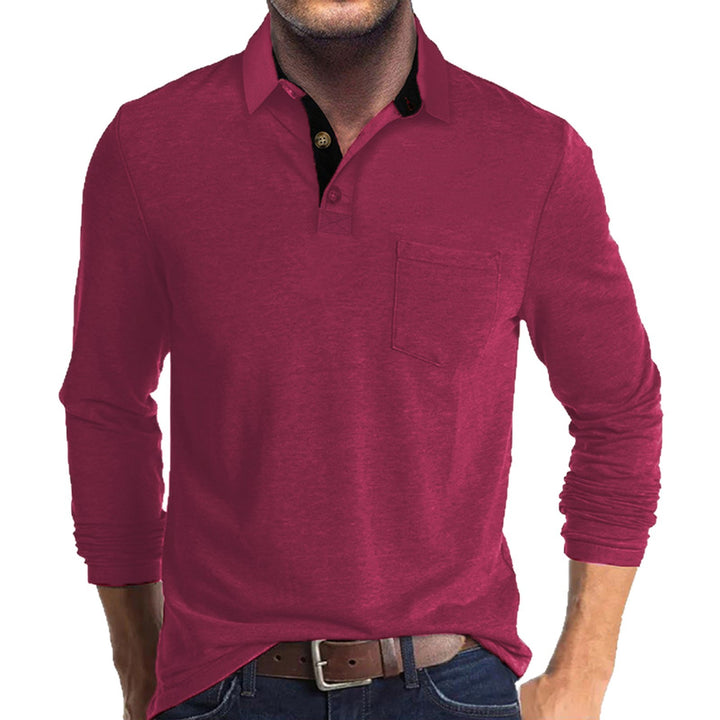 Herren langärmliges Polohemd mit Brusttasche, Kontrastknopfleiste und legerer Stretch-Passform Drune