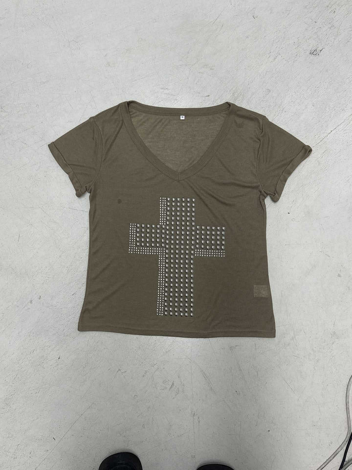 Damen V-Ausschnitt T-Shirt mit stilvollem Nieten-Dekor Drune