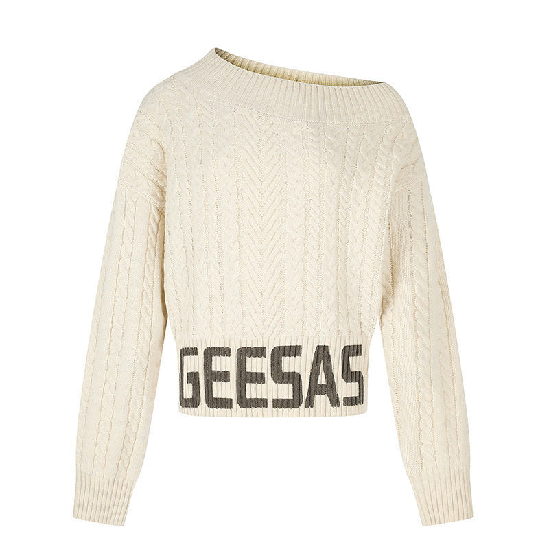 Damen Kurzer Zopfstrick-Pullover mit weitem Boat-Ausschnitt und markantem Logobund Drune