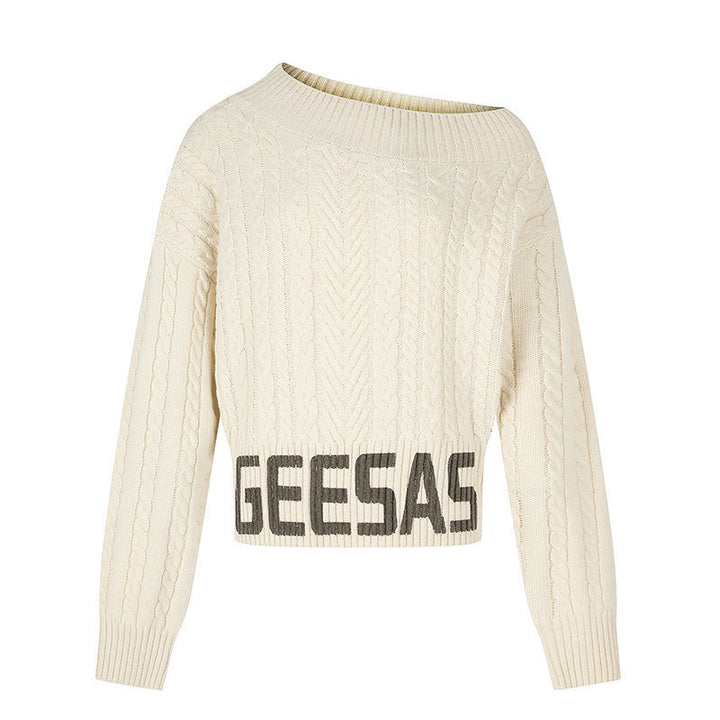 Damen Kurzer Zopfstrick-Pullover mit weitem Boat-Ausschnitt und markantem Logobund Drune