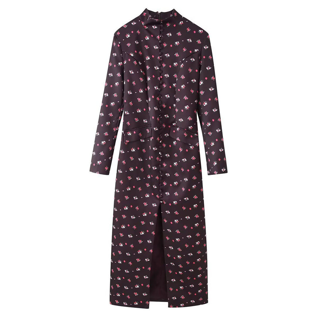 Damen Langärmliges Maxikleid mit Stehkragen, durchgehender Knopfleiste und floralem Alloverprint Drune