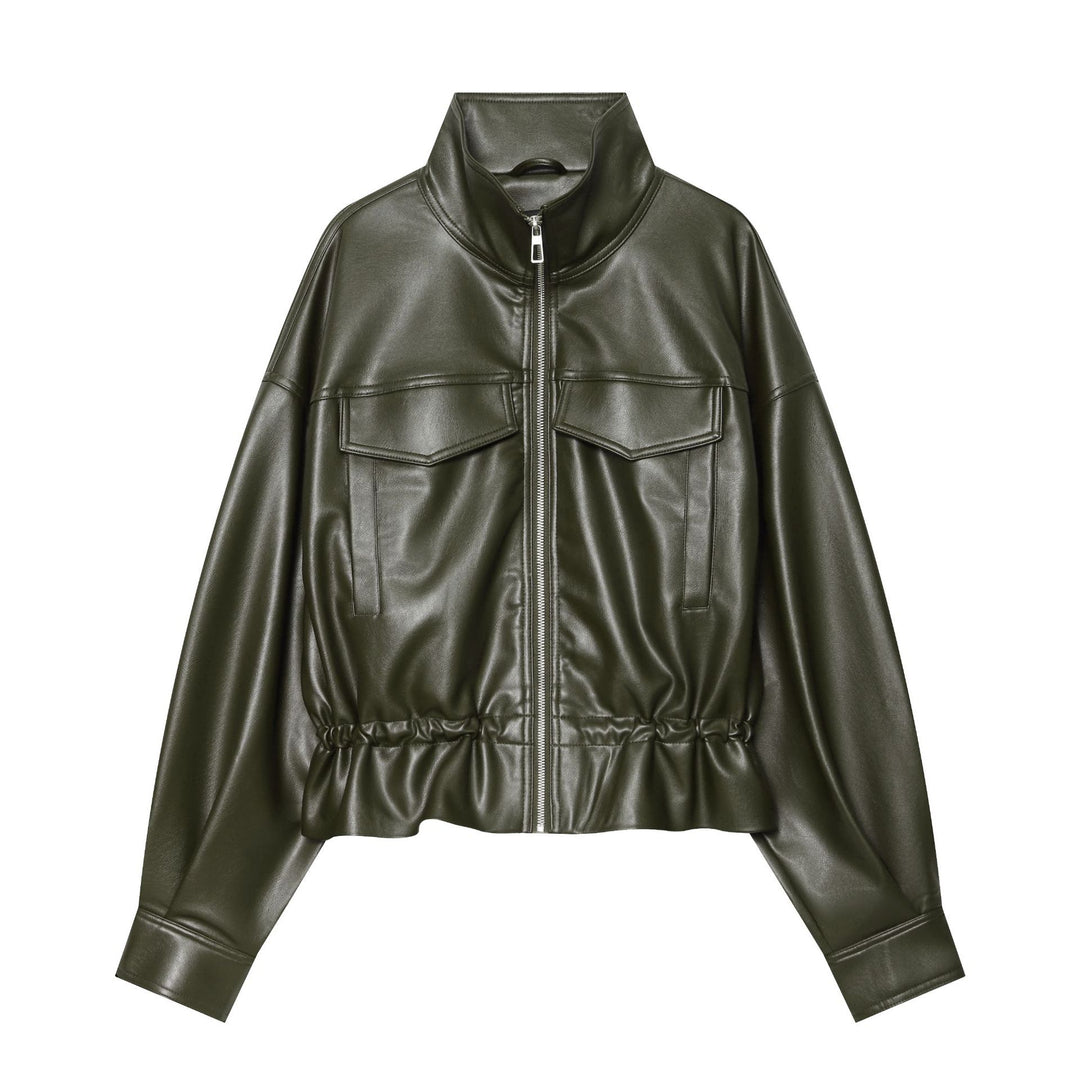 Damen Cropped Kunstleder-Blouson mit Tunnelzug, aufgesetzten Klappentaschen und hohem Stehkragen Drune