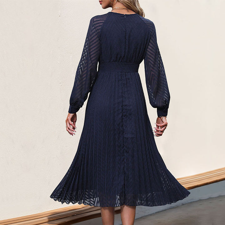 Damen Plissee Midi-Kleid mit V-Ausschnitt und langen Ärmeln Drune