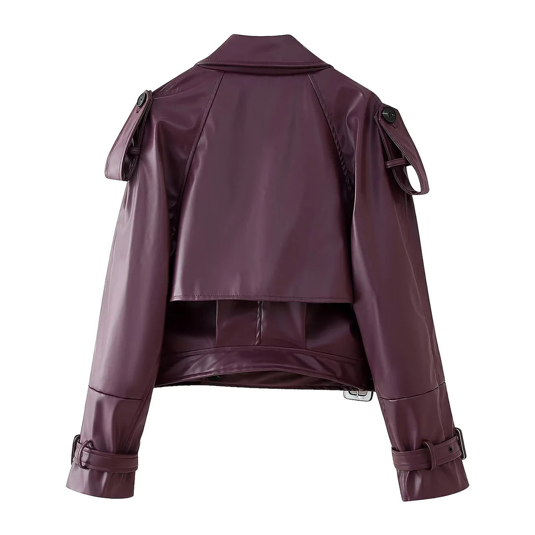 Damen nan kurz geschnittene Cropped Trench-Bikerjacke aus veganem Lackleder mit Taillengürtel und verstellbaren Manschetten Drune