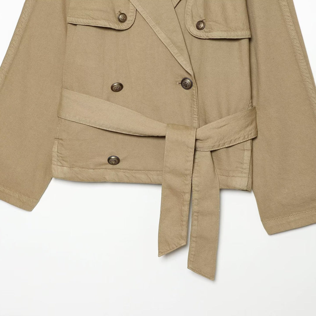 Damen Cropped Trench-Capejacke mit doppelreihiger Knopfleiste, Schulterpatten und Bindegürtel Drune