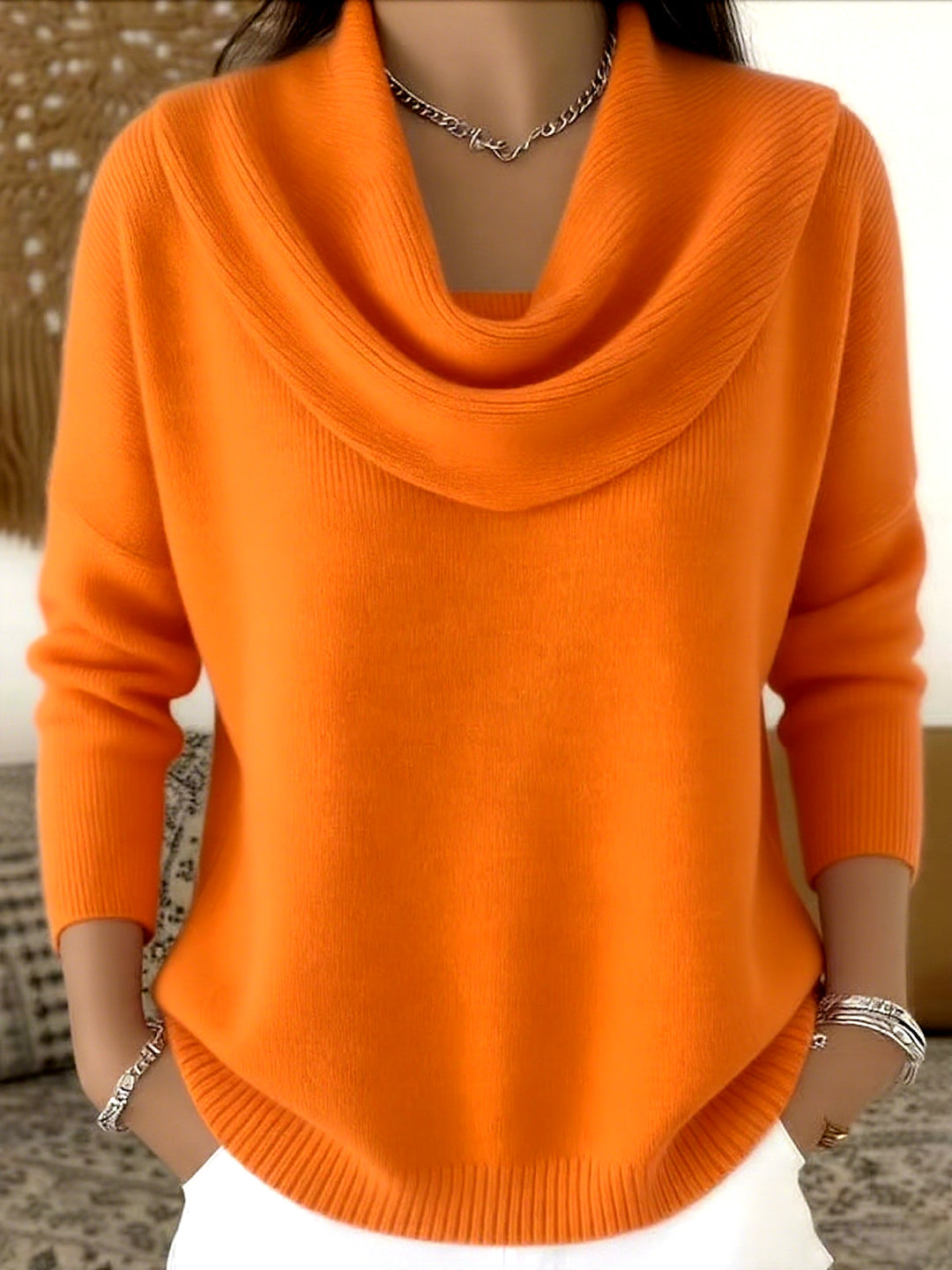 Damen Stylischer Bootcut Pullover mit Wasserfall-Ausschnitt Drune