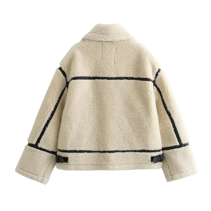 Damen Oversize-Teddyjacke im Aviator-Stil mit Kunstleder-Paspel, Stehkragen und Reißverschluss Drune