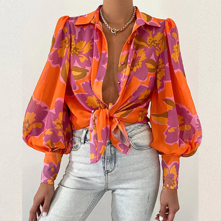 Damen Bluse mit raffiniertem Krawattenverschluss und Puffärmeln Drune