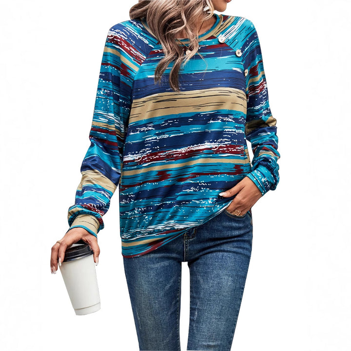 Damen gemusterter Langarm-Pullover mit kreativen Knopfdetails Drune