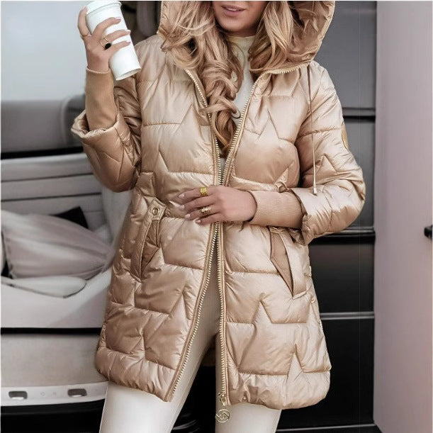 Damen Lange Steppjacke mit Kapuze und praktischen Taschen Drune