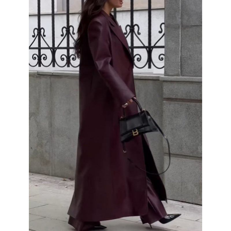 Damen Trenchcoat aus hochwertigem Kunstleder mit Taillengürtel Drune
