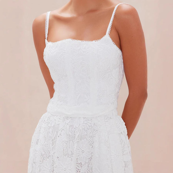 Damen Spitzen-Midi-Kleid mit zartem Blumenmuster und schwingendem Rock Drune