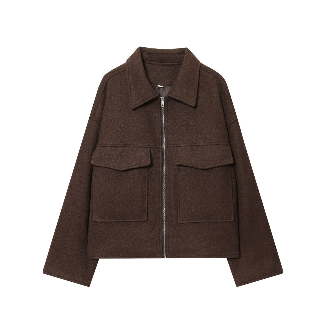 Damen nan kastige Wolljacke mit durchgehendem Reißverschluss, großen Pattentaschen und Hemdkragen Drune