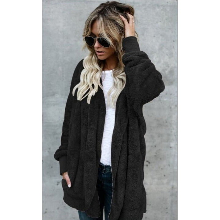 Damen Oversize Teddy‑Fleece‑Mantel mit offener Front, Eingrifftaschen und Rippbündchen Drune