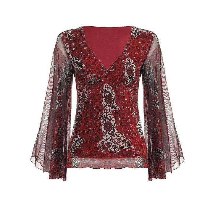 Damen Chiffonbluse mit tiefem V-Ausschnitt, ausgestellten Glockenärmeln und Paisley-Print Drune