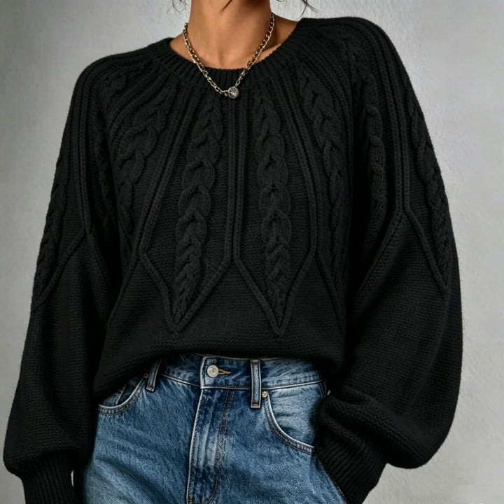 Damen kurzgeschnitteter Grobstrick-Zopfpullover mit Ballonärmeln Drune