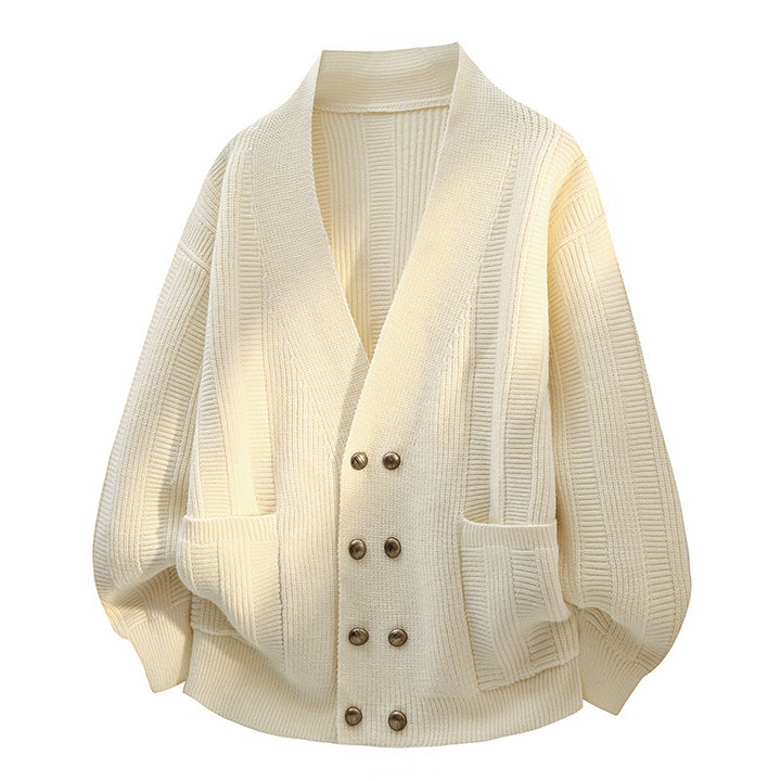 Damen Oversize Strickcardigan mit Schalkragen, doppelreihiger Knopfleiste & Eingrifftaschen Drune