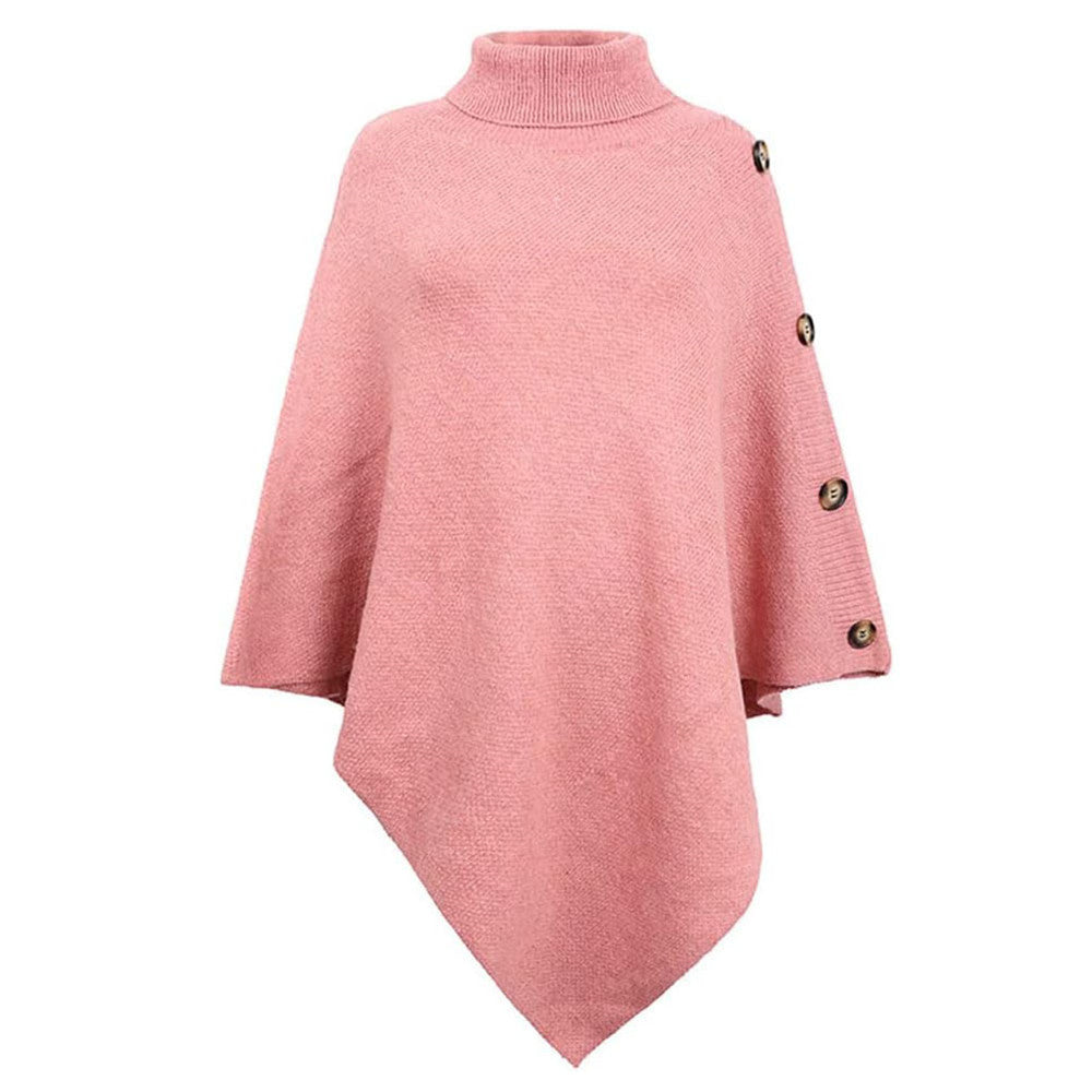 Damen nan asymmetrischer Strickponcho mit Rollkragen und dekorativer Knopfleiste Drune
