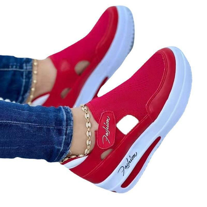 Damen Keilabsatz-Sneaker mit Strick-Obermaterial, Cut-Outs und Klettverschluss Drune