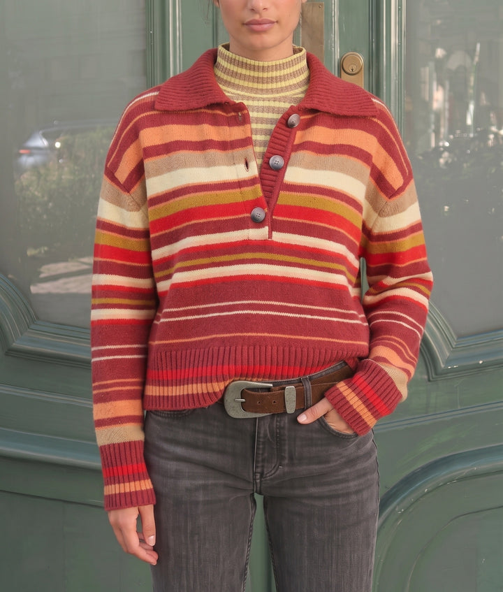 Damen Gestreifter Strickpullover mit Polokragen & Knopfleiste Drune