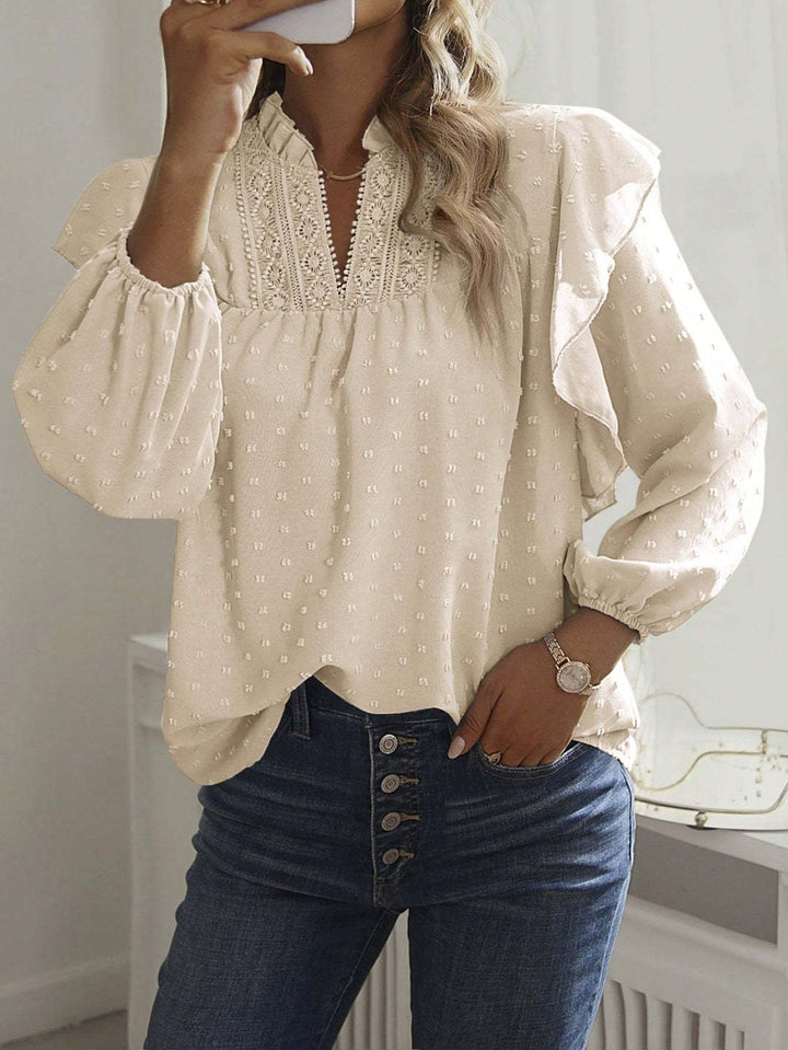 Damen Viskose-Bluse mit Spitzenstickerei und Volantärmeln Drune