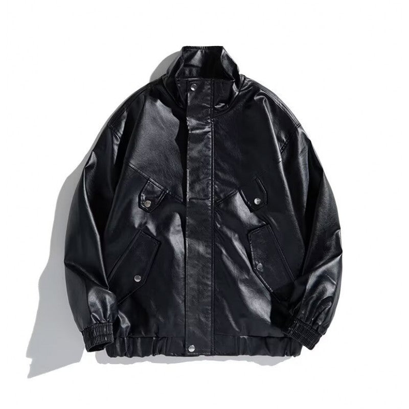 Herren Oversize Kunstleder-Bomberjacke mit Stehkragen, Pattentaschen und elastischem Saum Drune