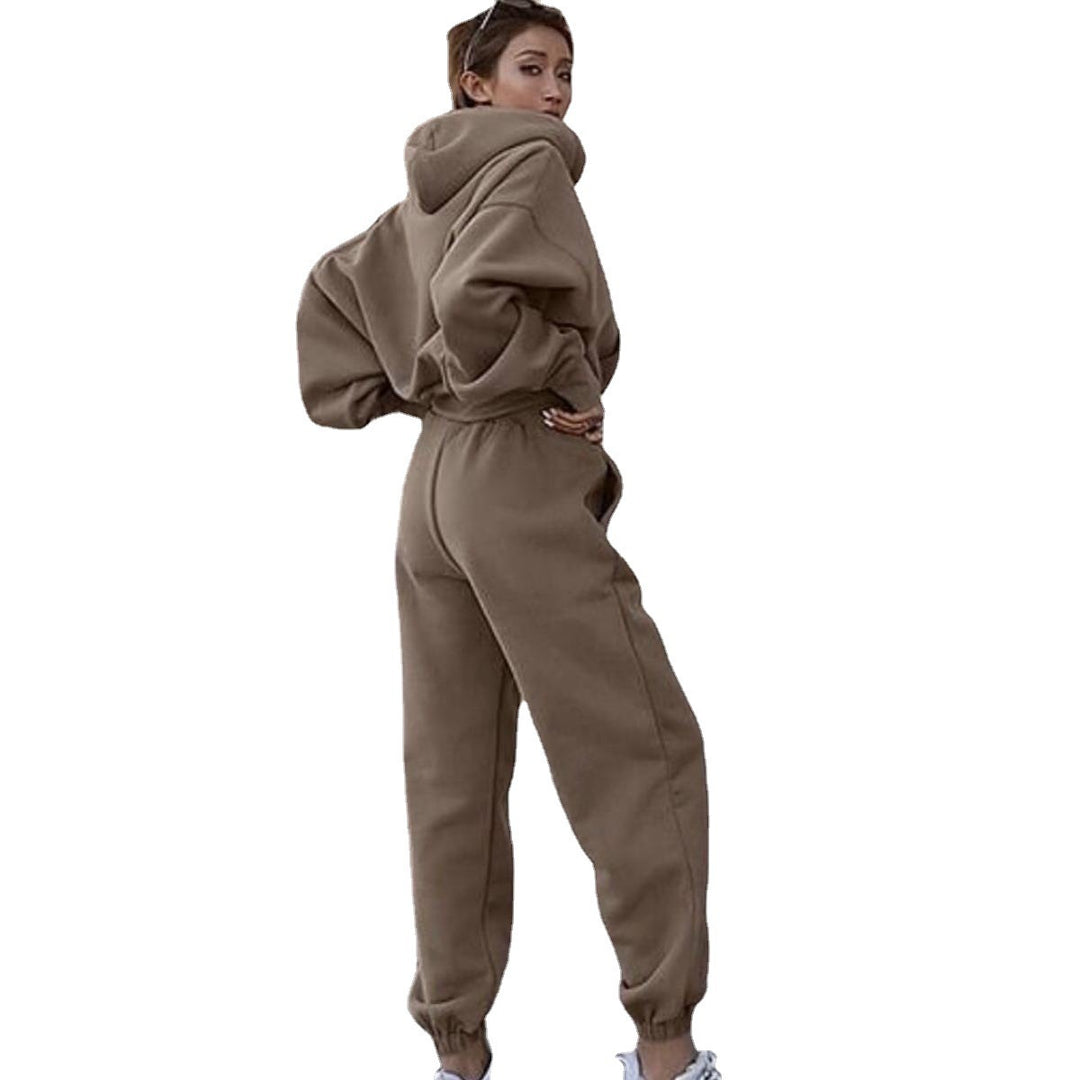 Damen kurzes Oversize-Kapuzenpullover-Set mit elastischer High-Waist-Jogginghose aus Baumwollfleece Drune