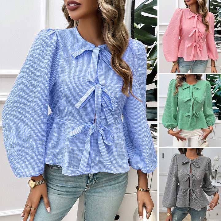Damen Bluse mit dekorativen Bändchen und Volantärmeln Drune