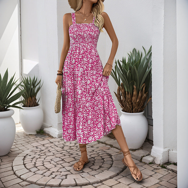 Damen Maxikleid mit floralem Muster und elastischem Taillengürtel Drune