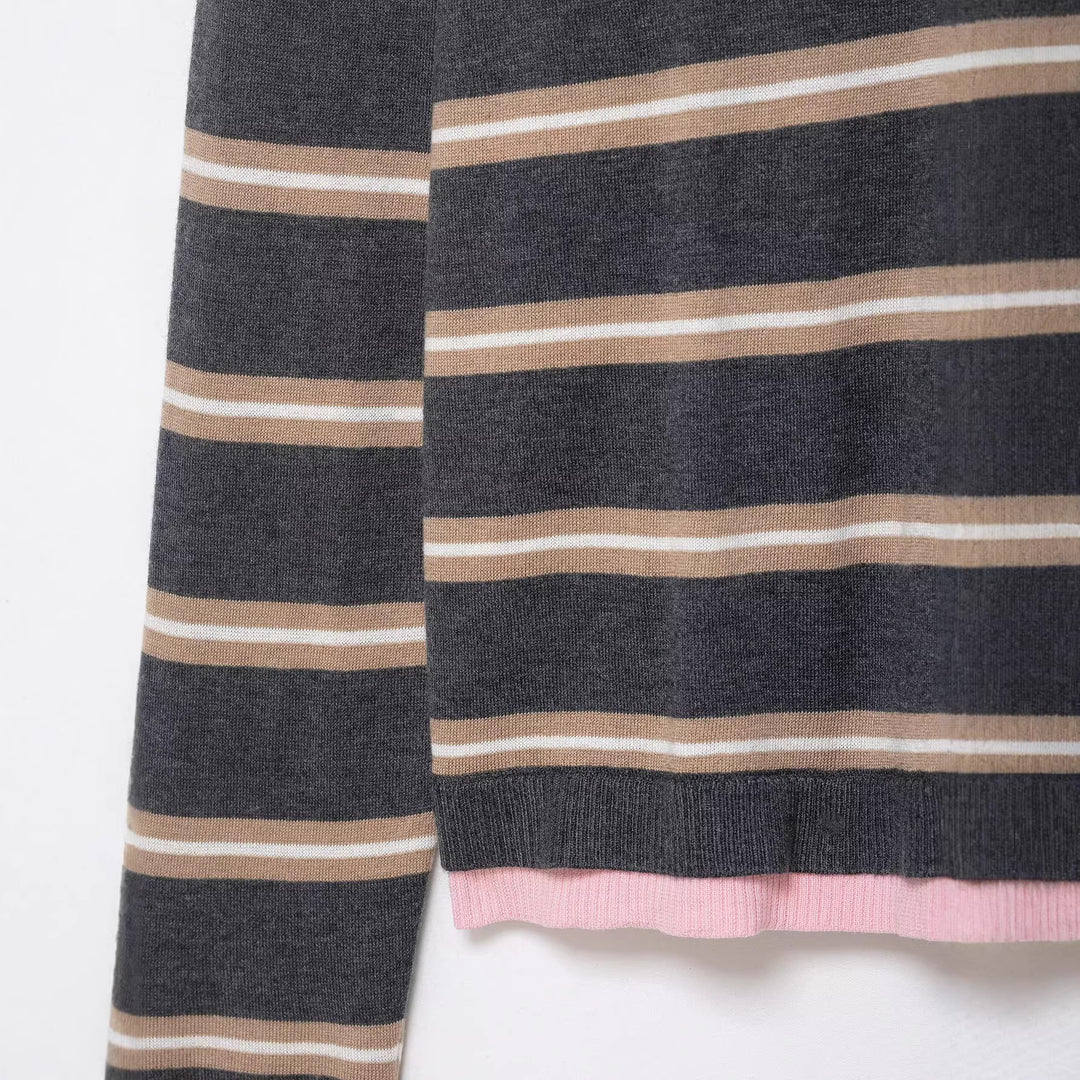 Damen Feinstrick-Rugby-Pullover mit kontrastierendem Kragen und Knopfleiste Drune