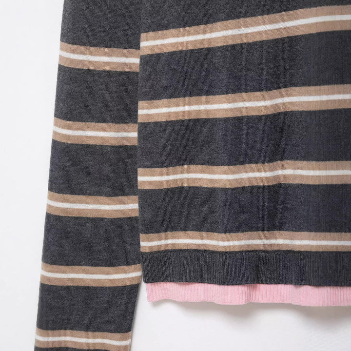 Damen Feinstrick-Rugby-Pullover mit kontrastierendem Kragen und Knopfleiste Drune