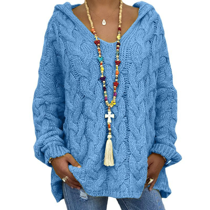 Damen Oversized Zopfmuster-Strickpullover mit Kapuze und lässigem V‑Ausschnitt Drune