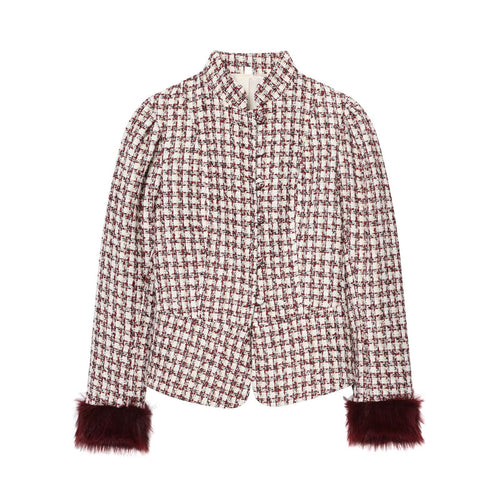 Damen Kurzjacke aus Bouclé-Tweed mit Stehkragen und Kunstfellbündchen Drune