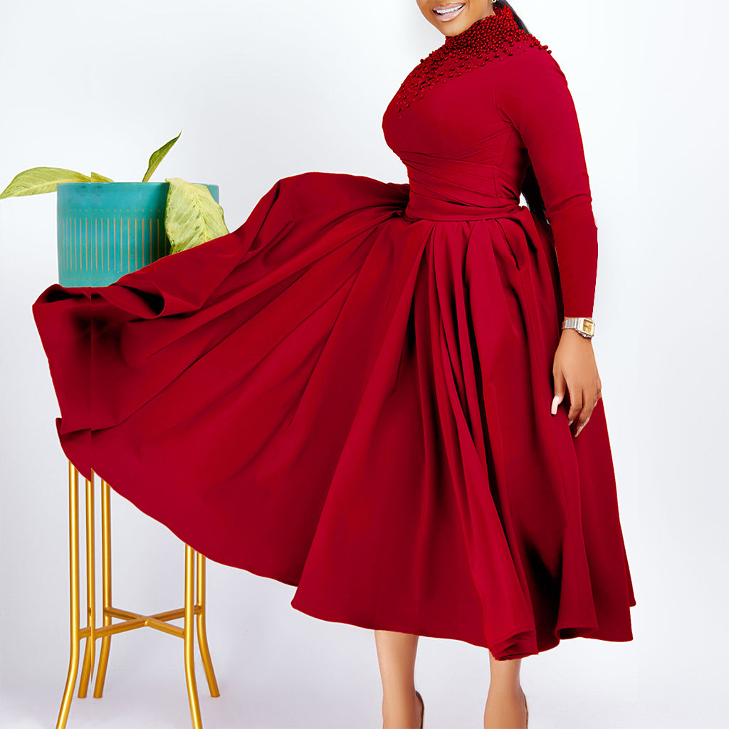 Damen elegantes Maxikleid mit kunstvoller Perlenverzierung und tailliertem Design Drune