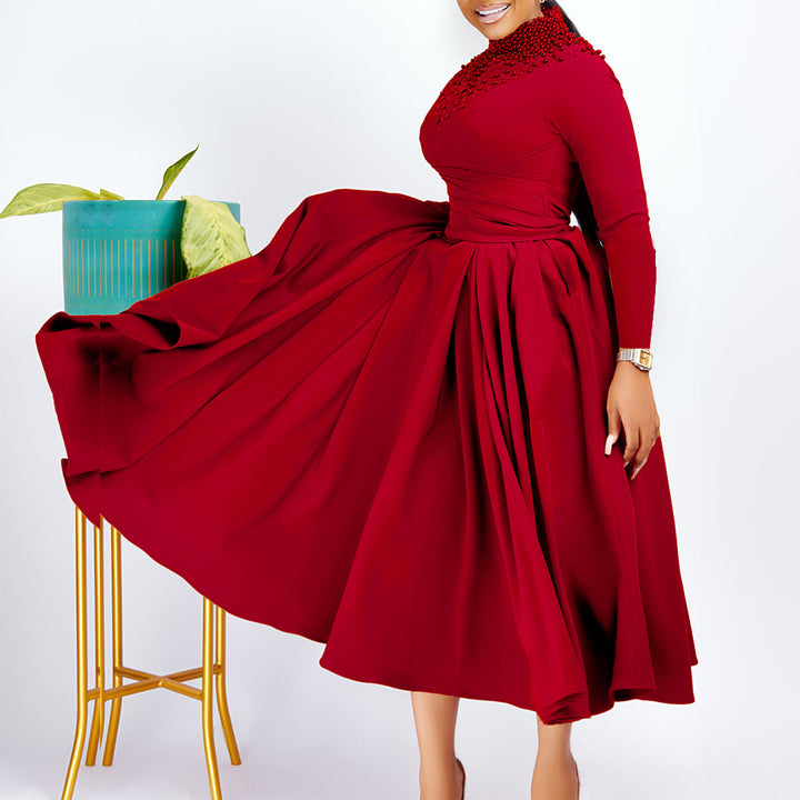 Damen elegantes Maxikleid mit kunstvoller Perlenverzierung und tailliertem Design Drune