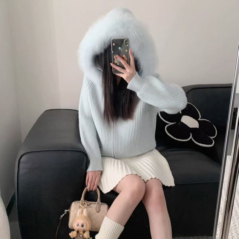 Damen Softes Rippenstrickjacke mit luxuriösem Pelzkragen Drune