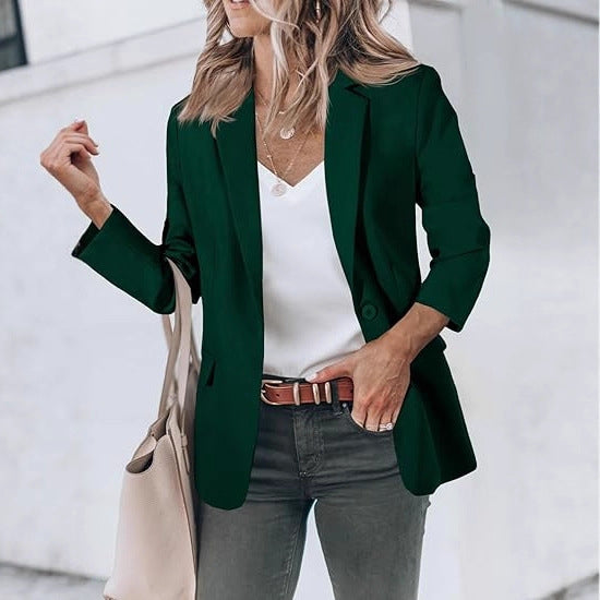 Damen Leichter Stretch-Blazer mit Schalkragen, Ein-Knopf-Verschluss und dreiviertelärmeln Drune