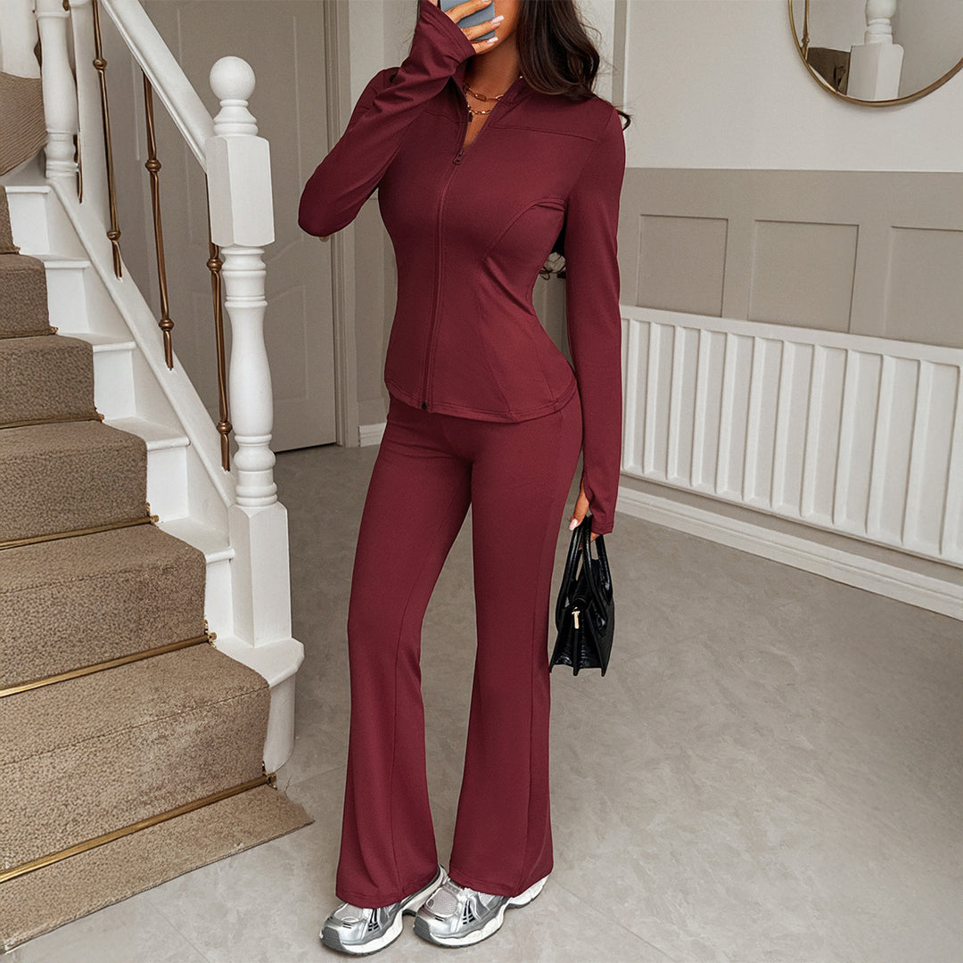 Damen nan figurbetontes Stretch-Joggingset mit taillierter Reißverschluss-Jacke und ausgestellter Schlaghose Drune