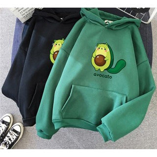 Damen nan Oversize-Fleecehoodie mit weichem Innenfutter, Kängurutasche und Avocato-Cartoonmotiv Drune