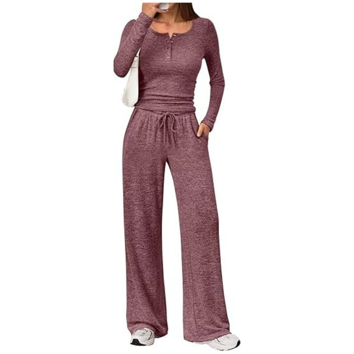 Damen Zweiteiliges Feinstrick-Lounge-Set mit Henley-Top und Palazzo-Hose Drune