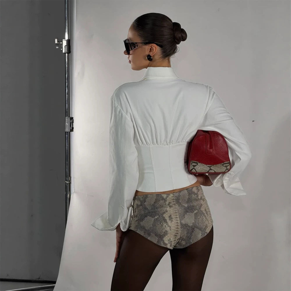Damen Taillierter Korsett-Bustier mit integrierter Hemdbluse und Frontverschluss Drune