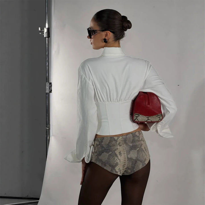 Damen Taillierter Korsett-Bustier mit integrierter Hemdbluse und Frontverschluss Drune