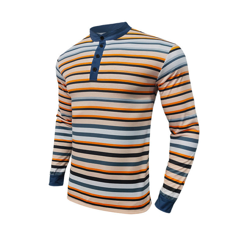 Herren nan gestreiftes Langarm-Henleyshirt mit Stehkragen, schmaler Passform und elastischem Baumwollmix Drune