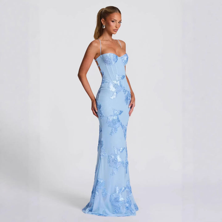 Damen figurbetontes Abendkleid mit floralem Stickdesign und hochwertigem Stoff Drune