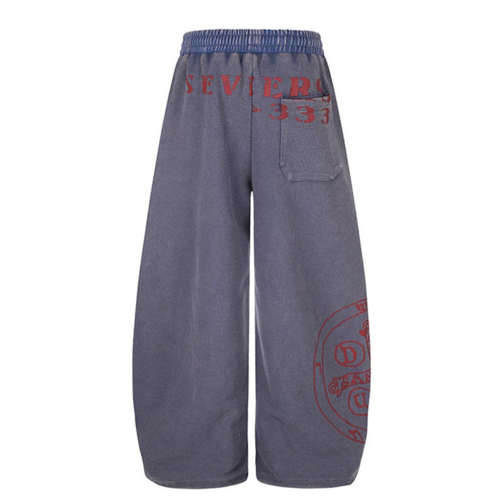 Damen Weite Mid‑Calf Palazzo‑Sweathose mit verstellbarem Saum, Tunnelzugbund und Statement‑Print Drune