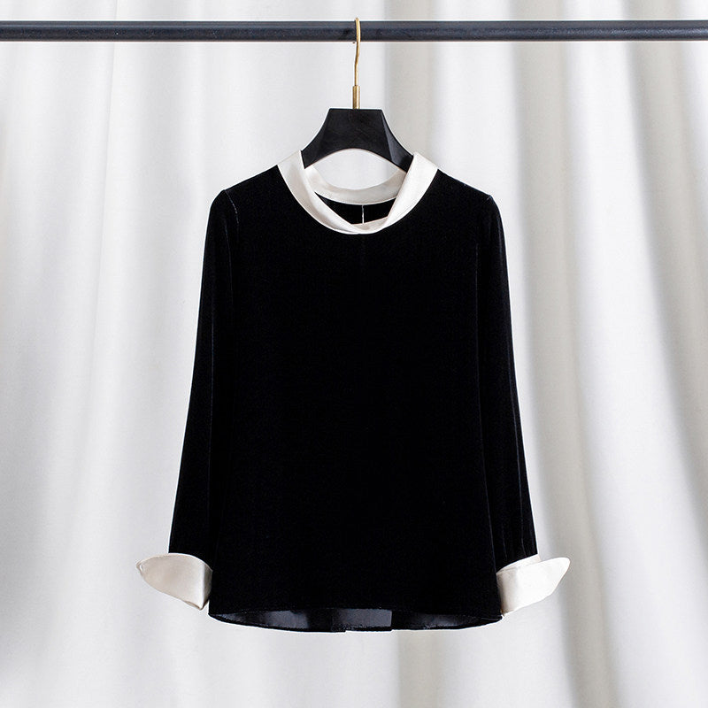 Damen Elegante Samtbluse mit Seidenkragen Drune
