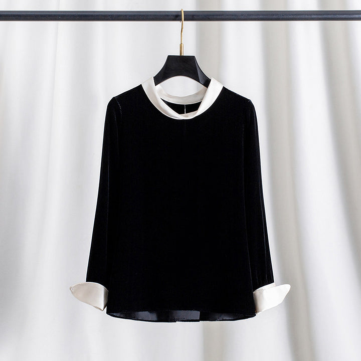 Damen Elegante Samtbluse mit Seidenkragen Drune