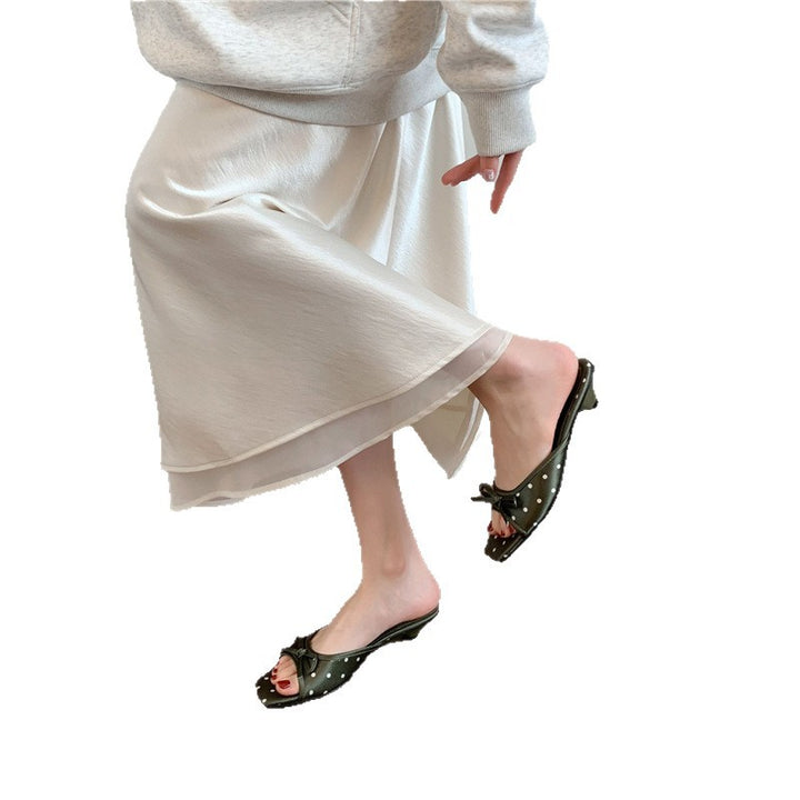 Damen Quadratische Slip-On Mules mit Punktmuster, feiner Zierschleife und Komfortfußbett Drune